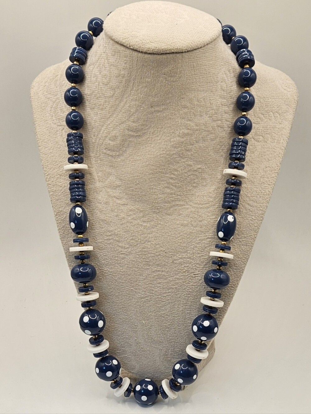 Vintage Navy Blue White Polka Dot Beaded Necklace Retro Mod Nautical Chunky